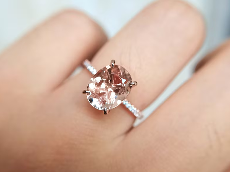 2.50 Ct Oval Morganite Engagement Ring in 14K Rose Gold Vermeil - Wedding Rings For Women