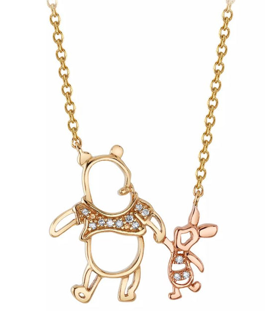 Winnie the Pooh and Piglet Diamond Necklace in Two Tone Gold 925 Silver Gift For Her