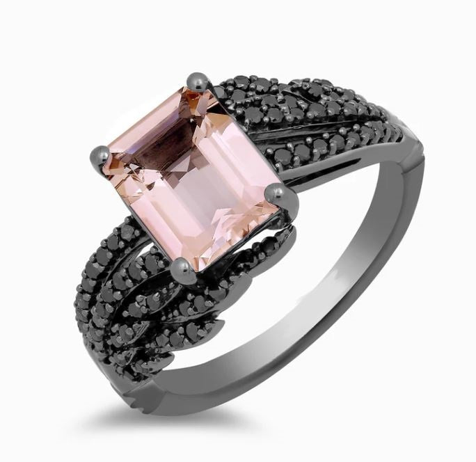 Morganite & Black Diamond Maleficent Aurora Ring in Black Rhodium over 925 Sterling Silver