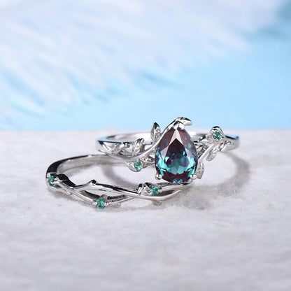 Pear Alexandrite Ring Sets 925 Sterling Silver Green Diamond Wedding Bridal Ring - Anniversary Gift