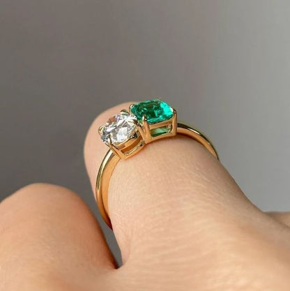 Green Emerald & Diamond Toi Et Moi Wedding Ring in 14K Yellow Gold Finish - Gift For Her