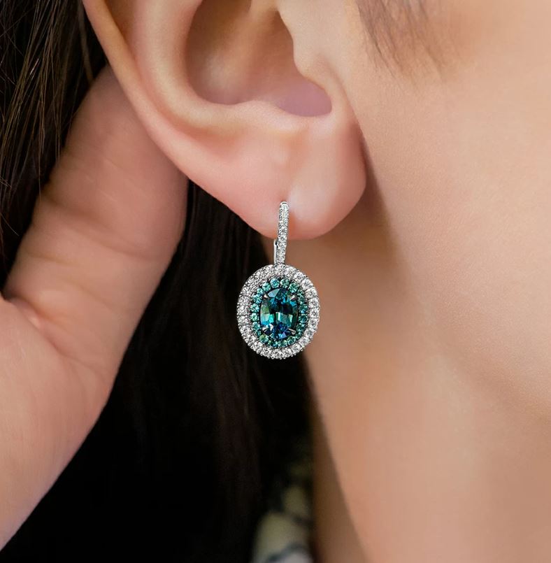 Alexandrite & London Blue Topaz Halo Diamond Earring For Woman in Sterling Silver - Christmas Gift For Mom