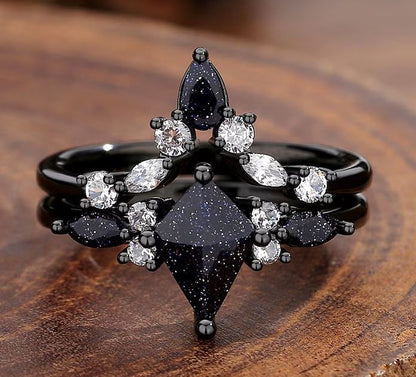 Galaxy Sandstone Ring in Black Rhodium - Blue Sandstone Engagement Ring Set - Nebula Ring