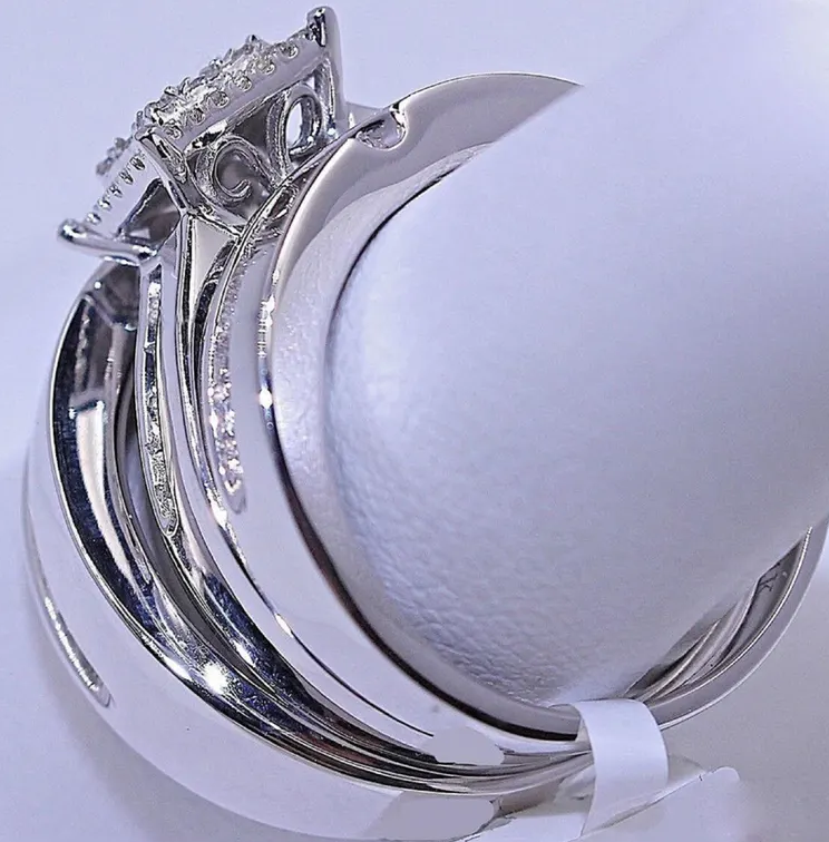 His and Hers Matching Wedding Band Engagement Trio Ring Sets 925 Sterling Silver - Valentine's Special Ring