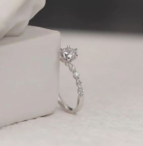 Delicate Diamond Engagement Ring in 925 Sterling Silver Solitaire Accent Ring Gift For Her