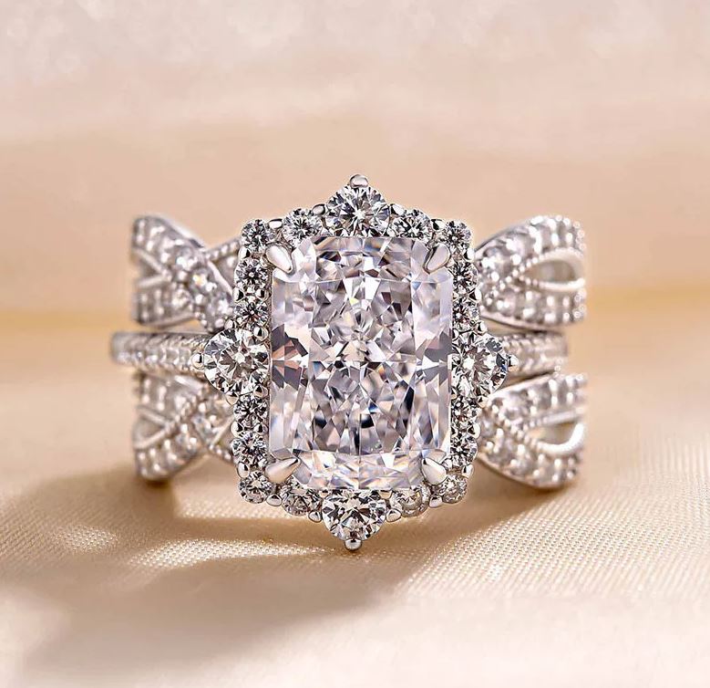 Vintage Halo Radiant Cut Insert Wedding Ring Set For Women In 925 Sterling Silver - Special Gift For Her