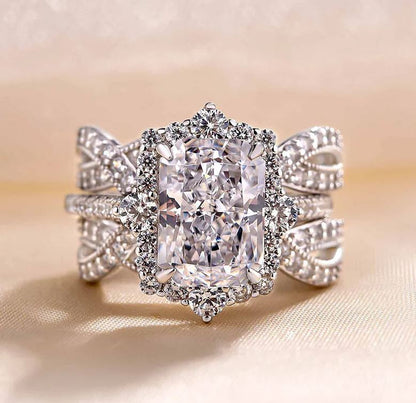 Vintage Halo Radiant Cut Insert Wedding Ring Set For Women In 925 Sterling Silver - Special Gift For Her