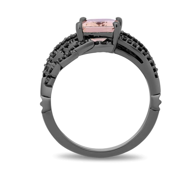 Morganite & Black Diamond Maleficent Aurora Ring in Black Rhodium over 925 Sterling Silver