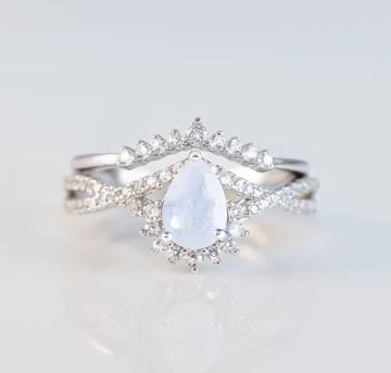 Natural Moonstone Ring Set in 925 Sterling Silver Engagement Ring Set - Anniversary Gift For Her