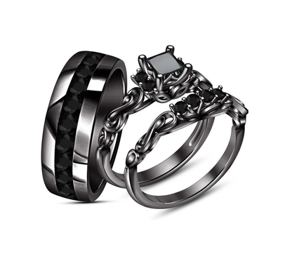 Princess Cut Black Diamond Trio Ring Set in Sterling Silver Black Gold Plated - Engagement Wedding Ring Set