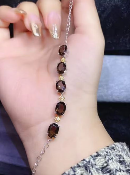 8x6mm Oval Natural Brown Smoky Diamond Bracelet in 925 Sterling Silver For Womens