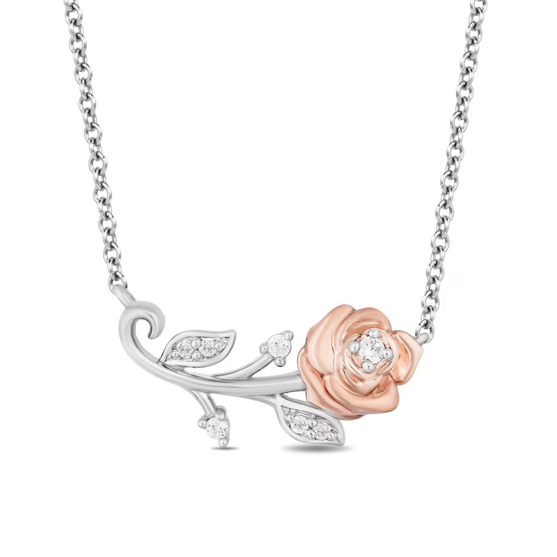 Enchanted Disney Belle Diamond Single Stem Rose Necklace in Sterling Silver - Anniversary Gift For Her