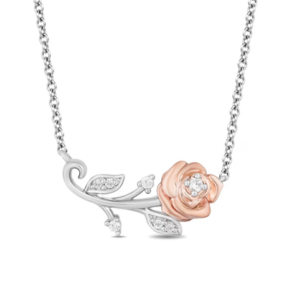 Enchanted Disney Belle Diamond Single Stem Rose Necklace in Sterling Silver - Anniversary Gift For Her