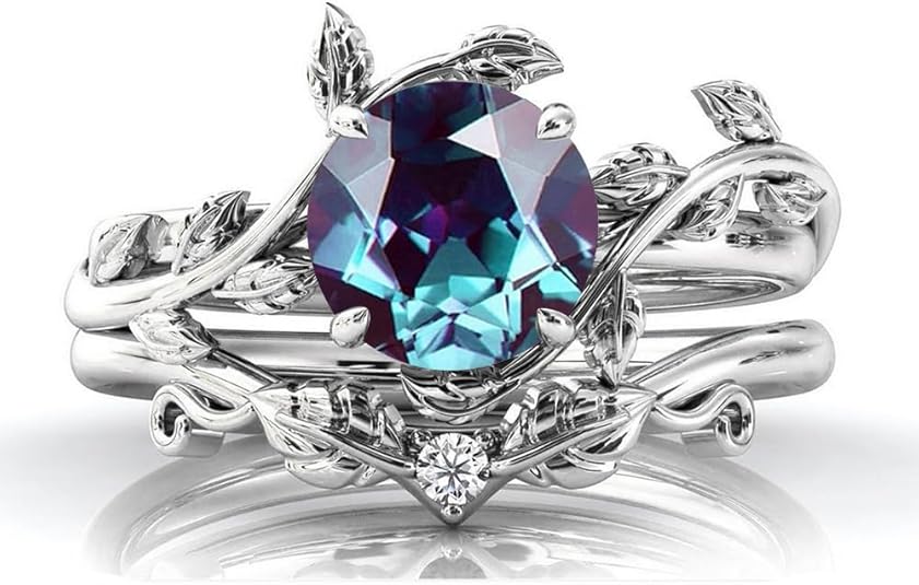 Round Alexandrite Engagement Ring Set - Art Deco Leaf Wedding Ring Set Sterling silver Christmas Gift For Her