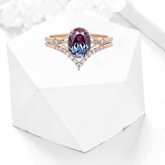 Alexandrite & Diamond Ring Set- Sterling Silver Oval Engagement Rings For Women