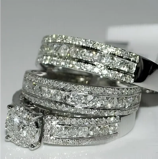 3 Ct Round Diamond His & Her Engagement Wedding 925 Silver Trio Bridal Ring Set - Gift For Her/Him