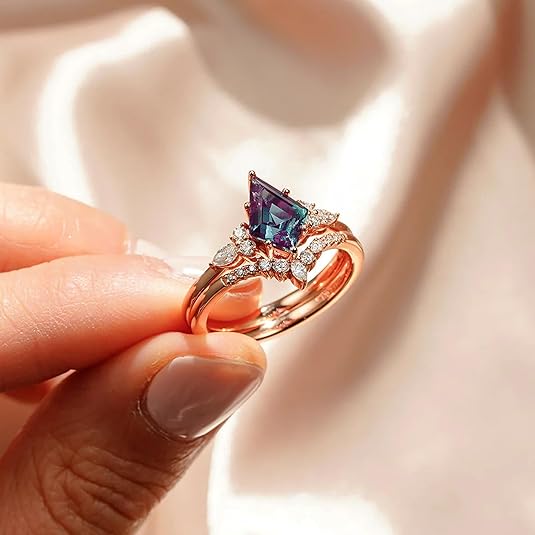 Skye Alexandrite & Diamond Ring Set- 14K Rose Gold Finish Kite Engagement Rings For Women