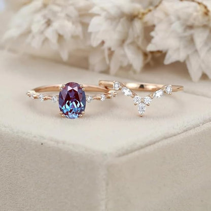 Oval Cut Alexandrite & Diamond Engagement Ring Set for Women 925 Sterling Silver - Christmas Gift For Her