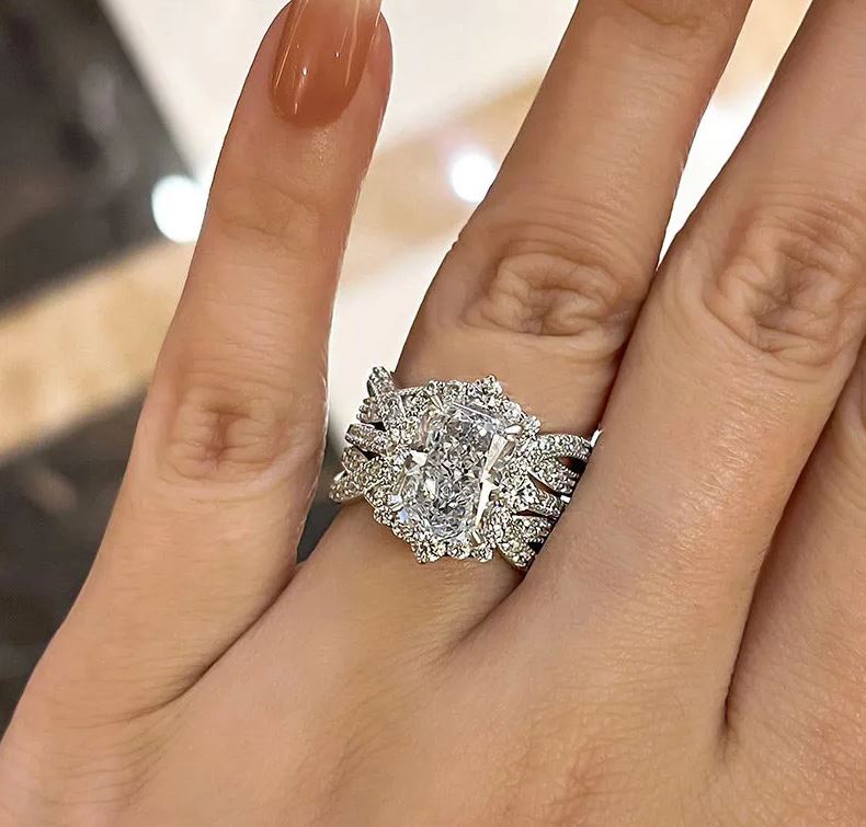 Vintage Halo Radiant Cut Insert Wedding Ring Set For Women In 925 Sterling Silver - Special Gift For Her