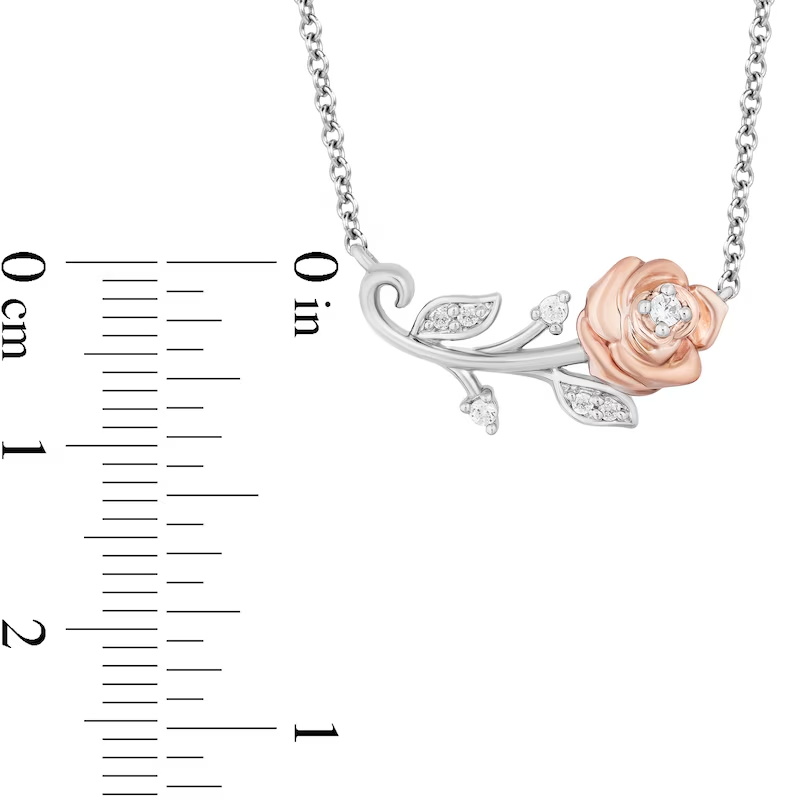 Enchanted Disney Belle Diamond Single Stem Rose Necklace in Sterling Silver - Anniversary Gift For Her