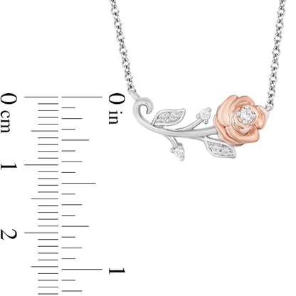 Enchanted Disney Belle Diamond Single Stem Rose Necklace in Sterling Silver - Anniversary Gift For Her