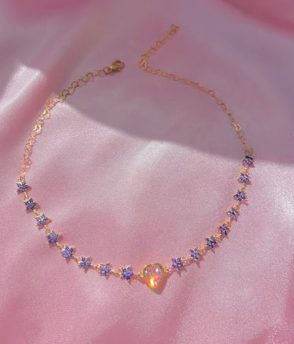 Rapunzel Princess Necklace Purple Flowers & Pink Heart Choker Necklace in 14K Yellow Gold Plated in 925 Sterling Silver - Anniversary Gift