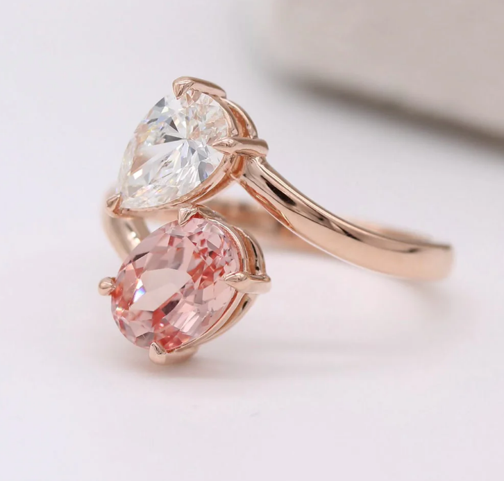 Toi et Moi Diamond and Peachy 14K Rose Gold Finish Pink Sapphire Bypass Ring