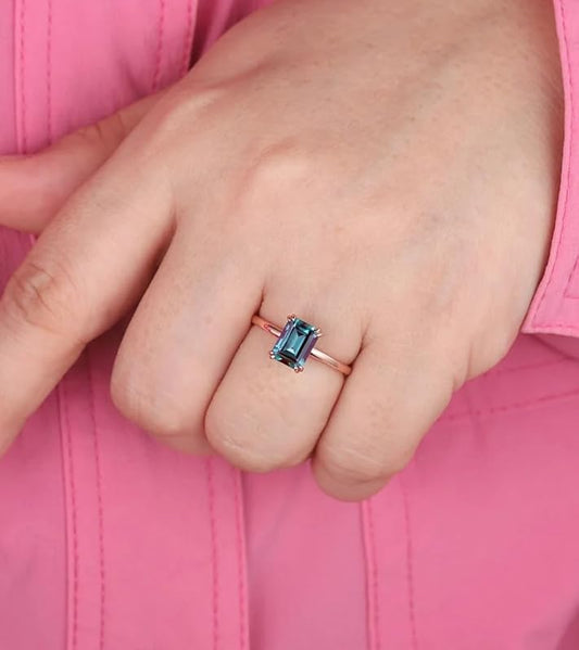 Emerald Cut Solitaire Alexandrite Engagement Ring in 925 Silver With Rose Gold Finish - Christmas Gift For Her