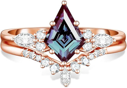 Skye Alexandrite & Diamond Ring Set- 14K Rose Gold Finish Kite Engagement Rings For Women