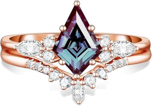 Skye Alexandrite & Diamond Ring Set- 14K Rose Gold Finish Kite Engagement Rings For Women