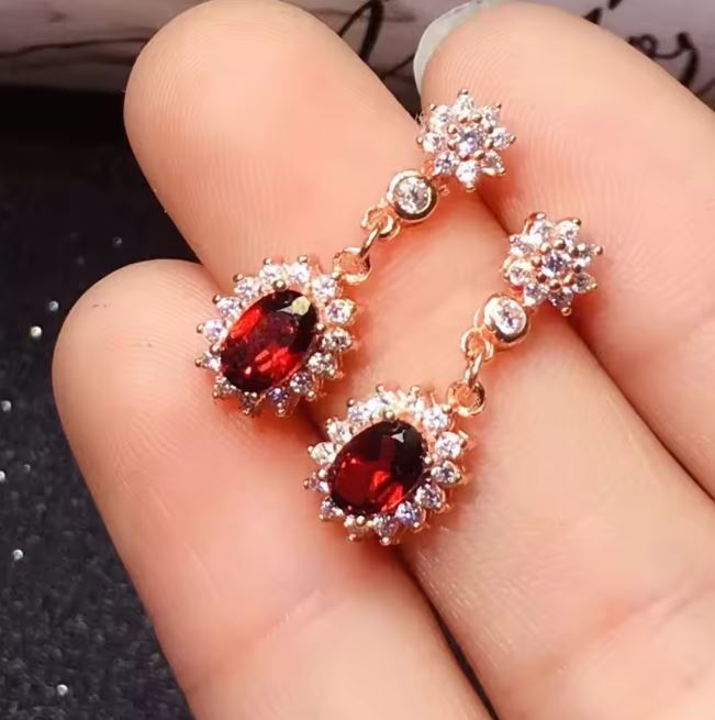 Natural Garnet & Diamond Halo Earring For Women in 14K Rose Gold Vermeil on Sterling Silver