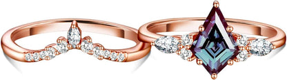 Skye Alexandrite & Diamond Ring Set- 14K Rose Gold Finish Kite Engagement Rings For Women