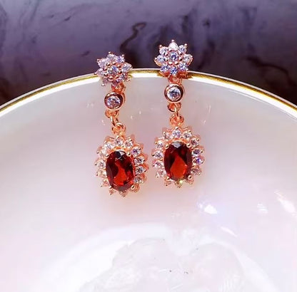 Natural Garnet & Diamond Halo Earring For Women in 14K Rose Gold Vermeil on Sterling Silver
