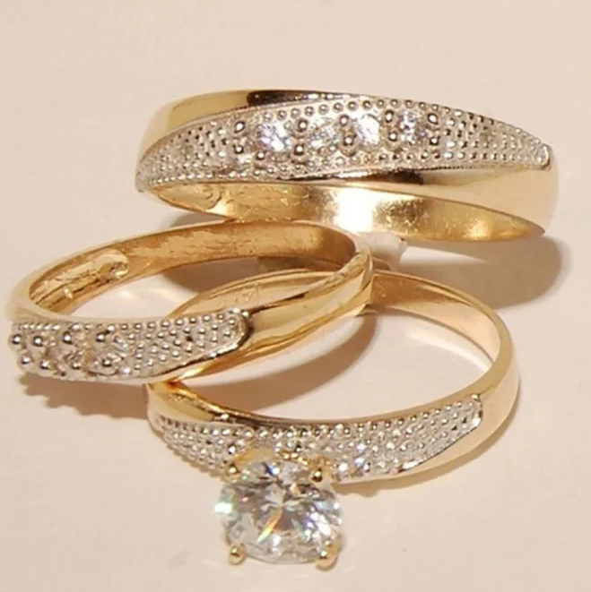 14k Yellow Gold Plated 925 Silver Diamond Trio Ring Set - Wedding Ring Set - His & Her Engagement Ring