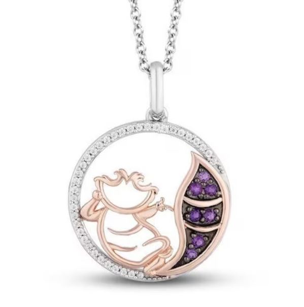 Alice in Wonderland "Cheshire Cat" Diamond & Amethyst Pendant Necklace 925 Sterling Silver