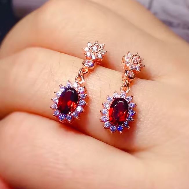 Natural Garnet & Diamond Halo Earring For Women in 14K Rose Gold Vermeil on Sterling Silver