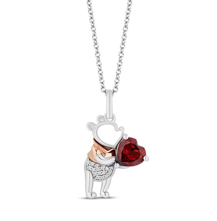 Disney Treasures Winnie the Pooh Heart Cut Garnet & Diamond Necklace in 925 Sterling Silver