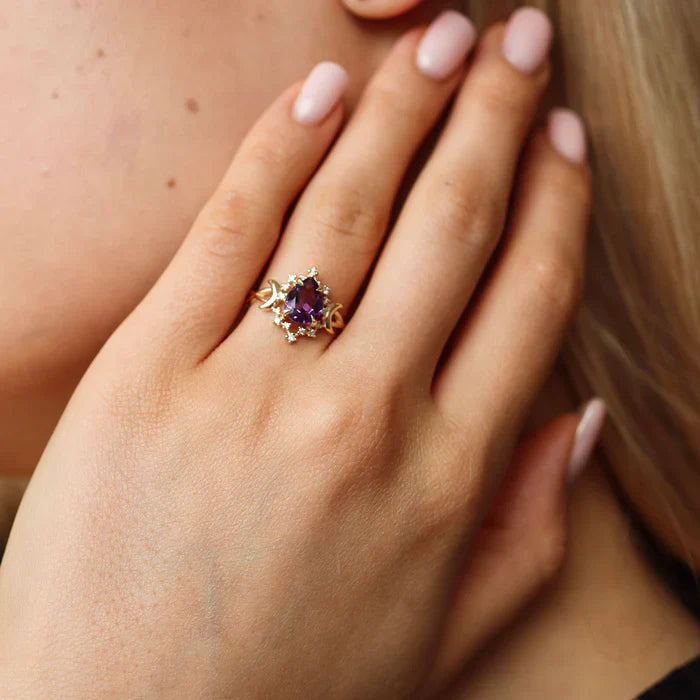 Pear Cut Amethyst Alice Star & Moon Magic Engagement Ring in 14k Yellow Gold Vermeil - Gift For Her