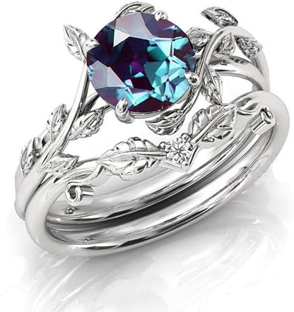 Round Alexandrite Engagement Ring Set - Art Deco Leaf Wedding Ring Set Sterling silver Christmas Gift For Her