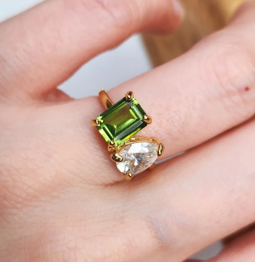 Toi et Moi Ring Peridot and Diamond Ring in 14K Yellow Gold Finish - Unique Birthstone Ring