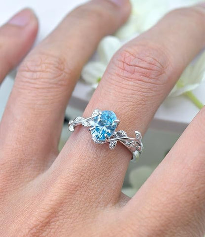 Aquamarine Leaf Band Ring in 925 Sterling Silver - Gift For Her - Proposal Ring For Her