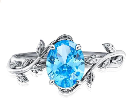 Aquamarine Leaf Band Ring in 925 Sterling Silver - Gift For Her - Proposal Ring For Her