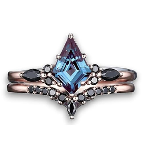 Kite Cut Alexandrite & Black Diamond Engagement Ring Set in 14K Rose Gold Finish - Bridal Set Wedding Ring Gift for Women