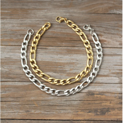 Stainless Steel Bracelet for Men- Figaro Chain Link Bracelet for Him in Silver and Gold- Valentine's Day Gift- Essential Style Bracelet