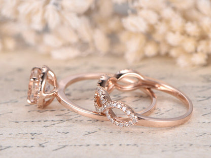 Peach Morganite Ring Set 14K Rose Gold Vermeil Morganite Engagement Ring Diamond Halo Ring 2pcs Bridal Ring Set Twist Wedding Band