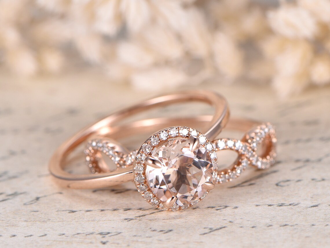 Peach Morganite Ring Set 14K Rose Gold Vermeil Morganite Engagement Ring Diamond Halo Ring 2pcs Bridal Ring Set Twist Wedding Band