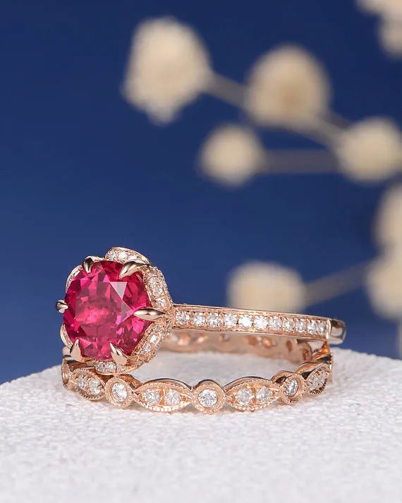 Ruby Engagement Ring with Flower Art Deco Wedding Band Women Ring in 14K Rose Gold Finish - Anniversary Birthstone Ring Set Gift For Wife