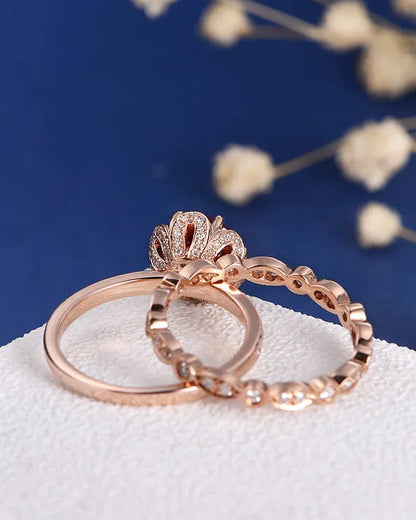 Ruby Engagement Ring with Flower Art Deco Wedding Band Women Ring in 14K Rose Gold Finish - Anniversary Birthstone Ring Set Gift For Wife