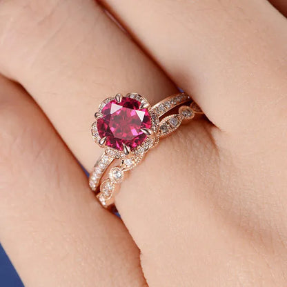 Ruby Engagement Ring with Flower Art Deco Wedding Band Women Ring in 14K Rose Gold Finish - Anniversary Birthstone Ring Set Gift For Wife