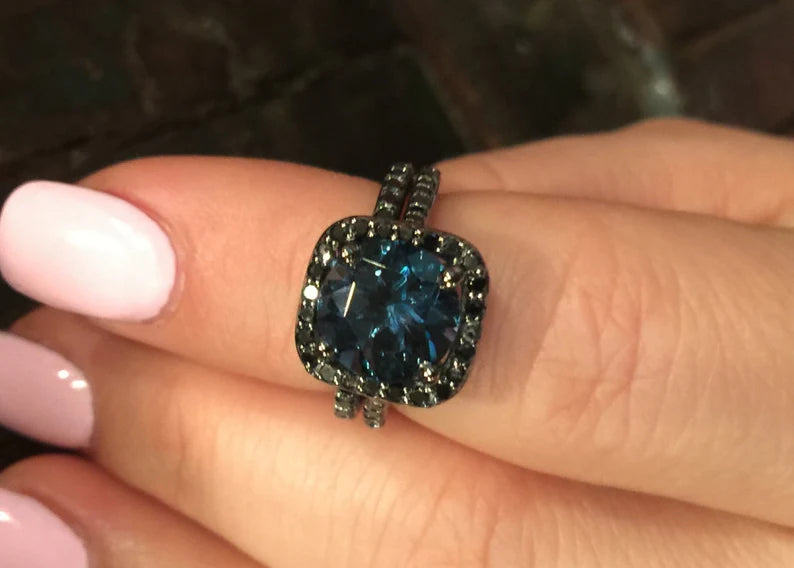 London Blue Topaz & Black Diamond Engagement Ring Set in Black Rhodium on 925 Sterling Silver